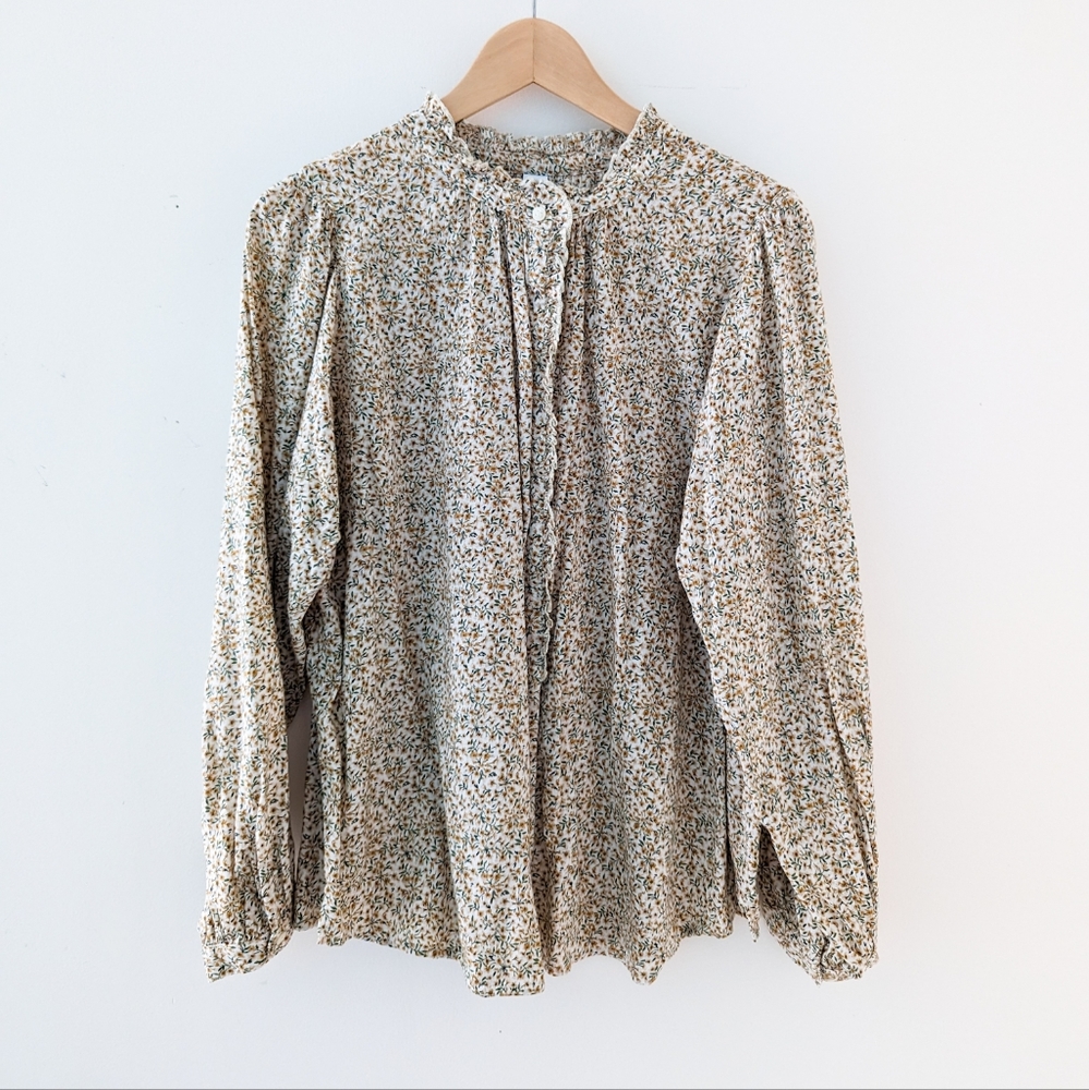 Old Navy Yellow Floral Ruffle Collar Button Up Shirt Long Puff Sleeve Cottage